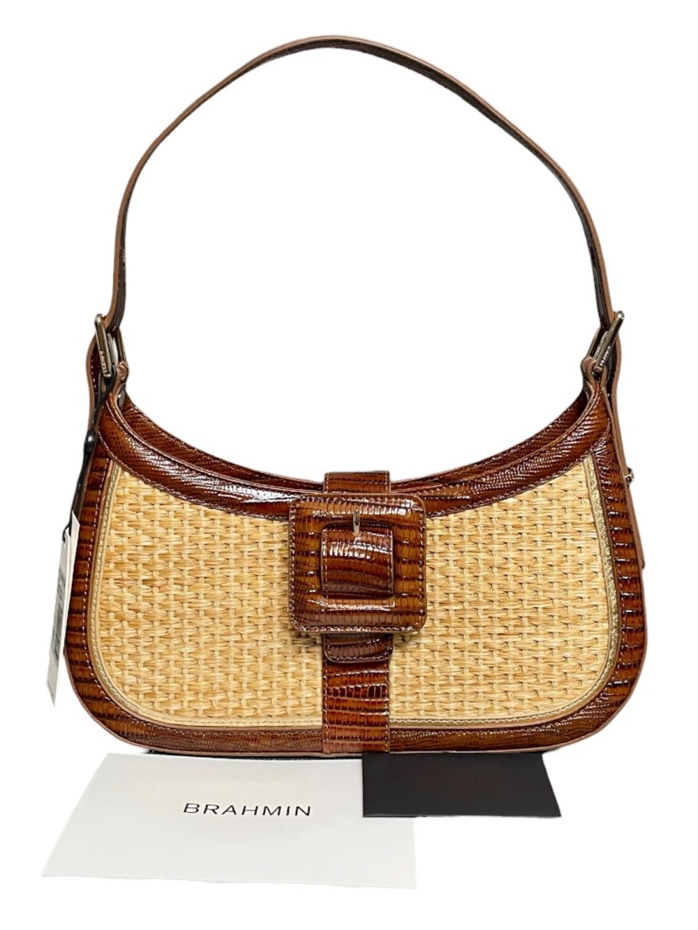 Brahmin Kyrie Jardim Woven Raffia & Embossed Leather Buckled Snap Shoulder Bag